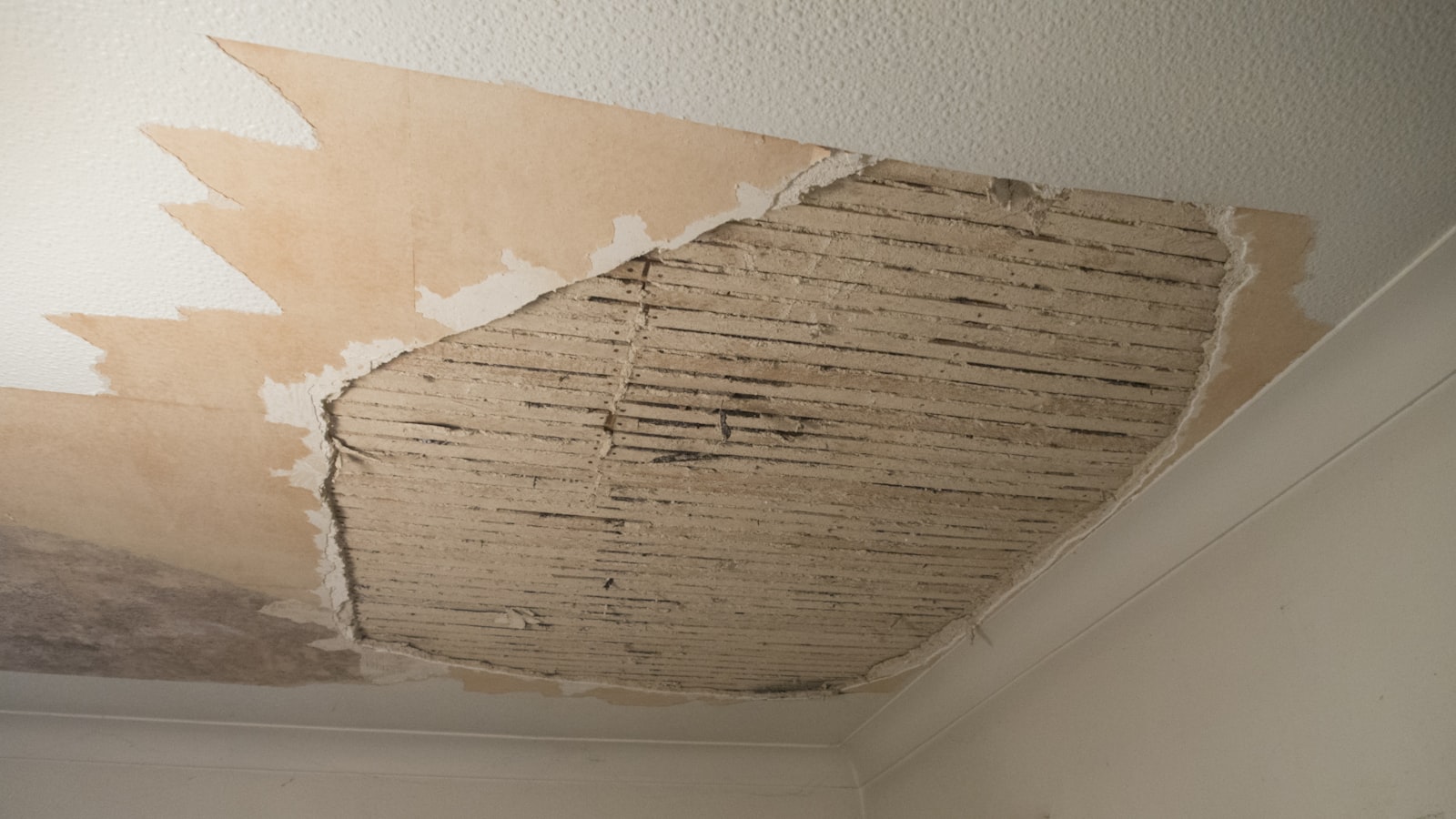 Zimmerdecke in einer Wohnung, bei der nach einem Wasserschaden der Putz heruntergefallen ist