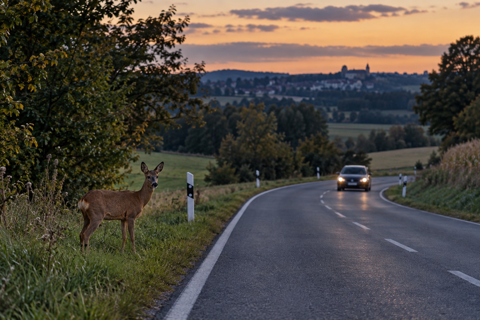 Reh am Rand einer Landstraße in der Abenddämmerung